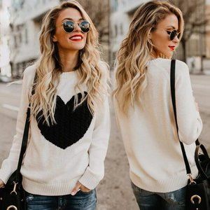 NEW Oatmeal Black Cable Heart Cotton Blend Sweater